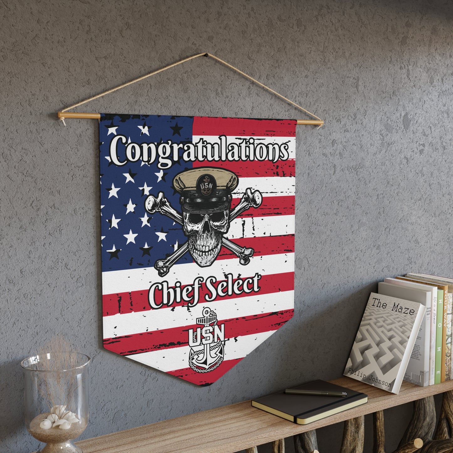 US Navy Chief Skull & Crossbones Congrats CPO Select USA Distressed Flag Pennant Wht Text