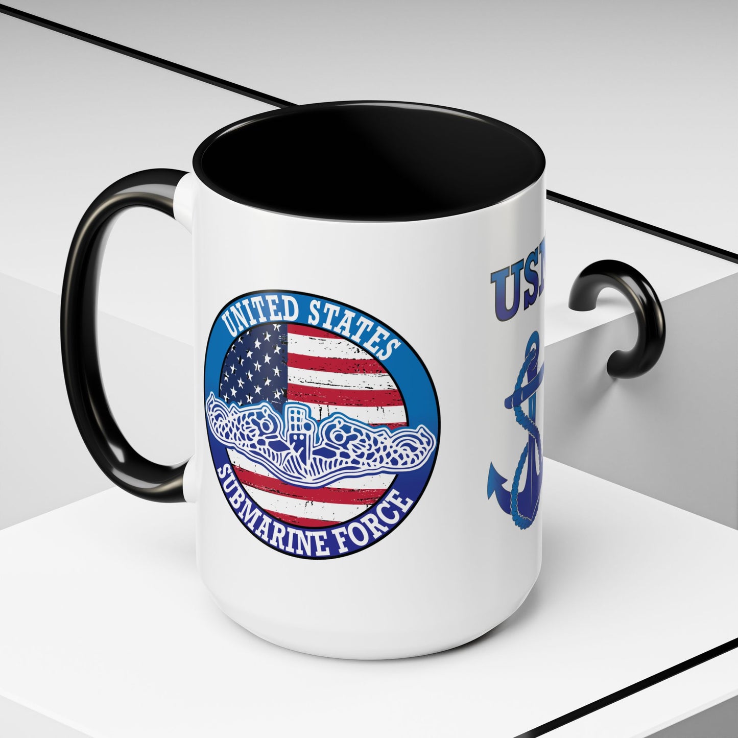 United States Navy Submarine Force Silent Service White Dolphins on American Flag Accent Coffee Mugs