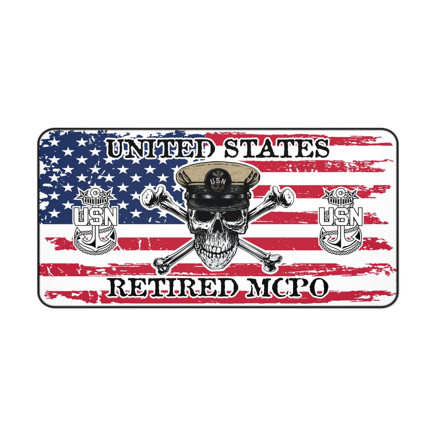 US Retired Master Chief Skull Crossbones with Distressed American Flag Desk Mat