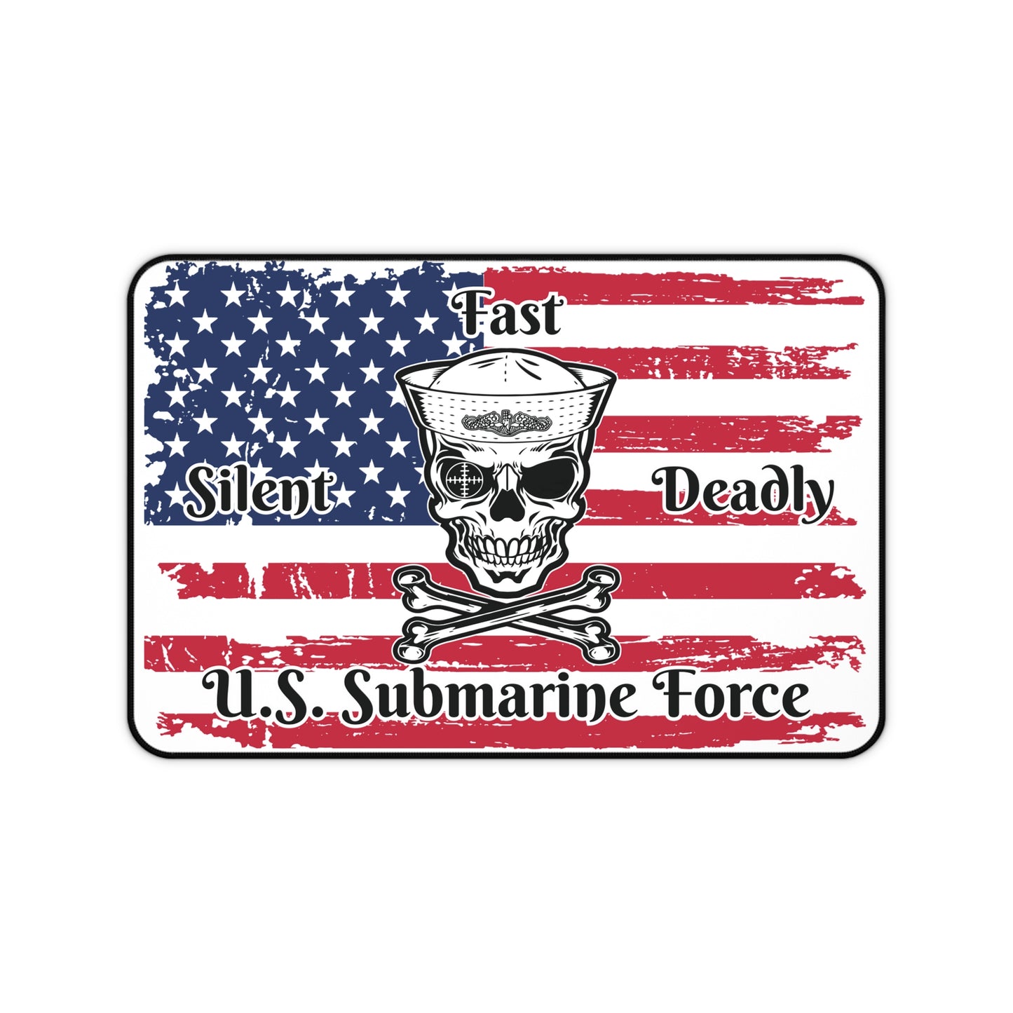 U.S. Submarine Force Silent Fast Deadly Skull and Crossbones Sailor with Distressed American Flag Desk Mat