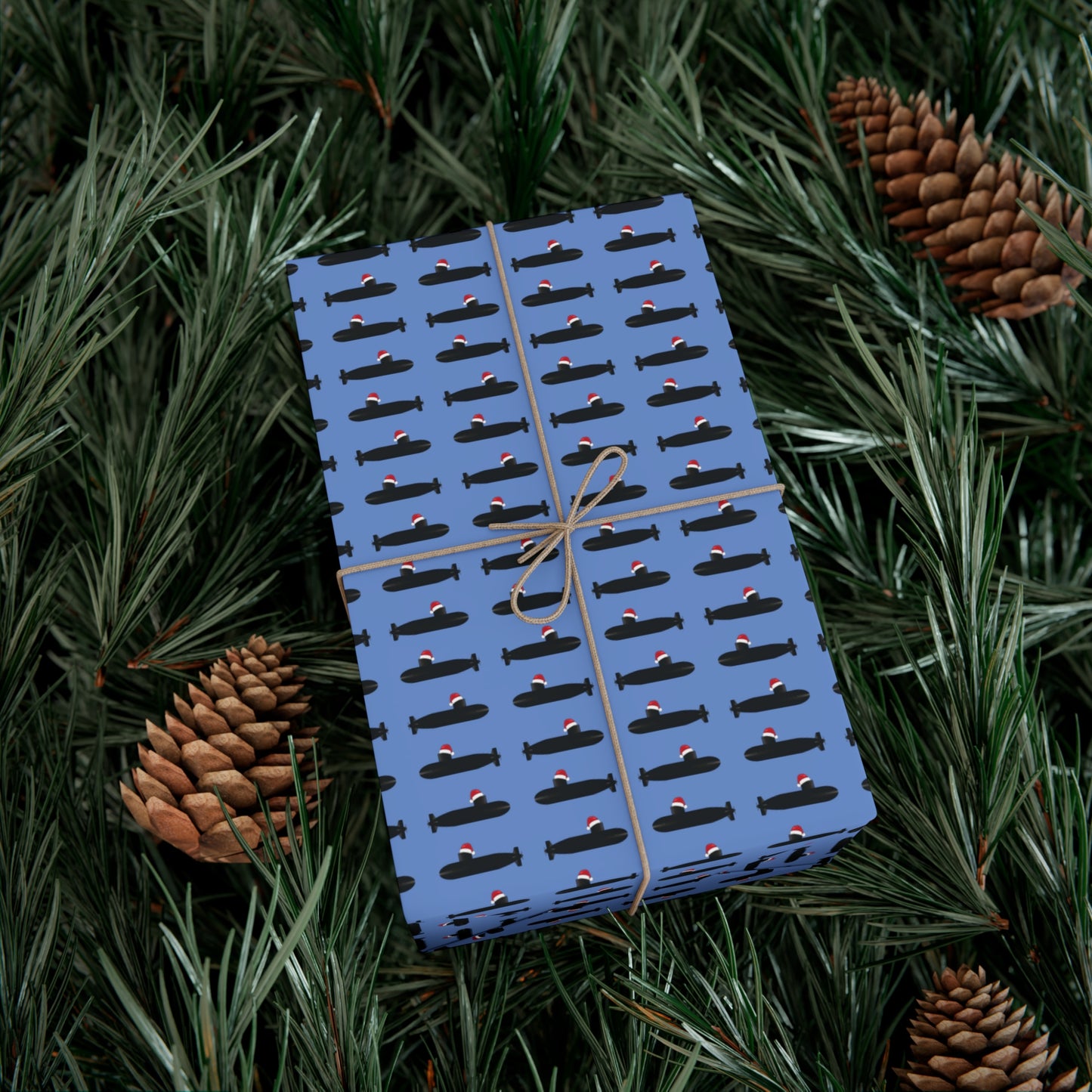 United States Navy Submarine Force Santa Hat on Black Mini Submarines Light Blue Gift Wrap Papers