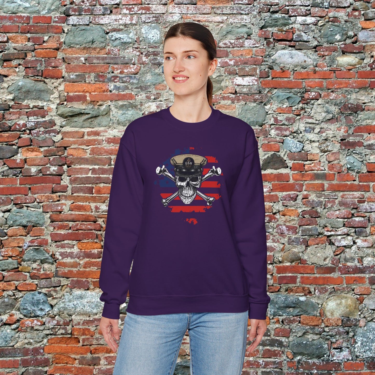 Naval Chief Skull & Crossbones CPO on Distressed American Flag Unisex Heavy Blend™ Crewneck Sweatshirt