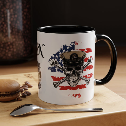 US Navy Master Chief Skull & Crossbones on American Flag MCPO Anchor Accent Coffee Mugs
