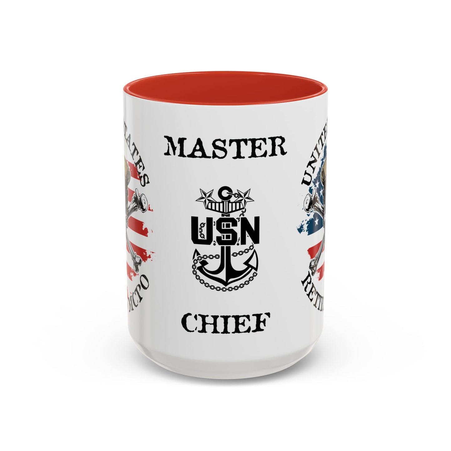 United States Navy Retired MCPO Skull Crossbones Master Chief Petty Officer Anchor with Distressed USA Flag Accent Coffee Mugs