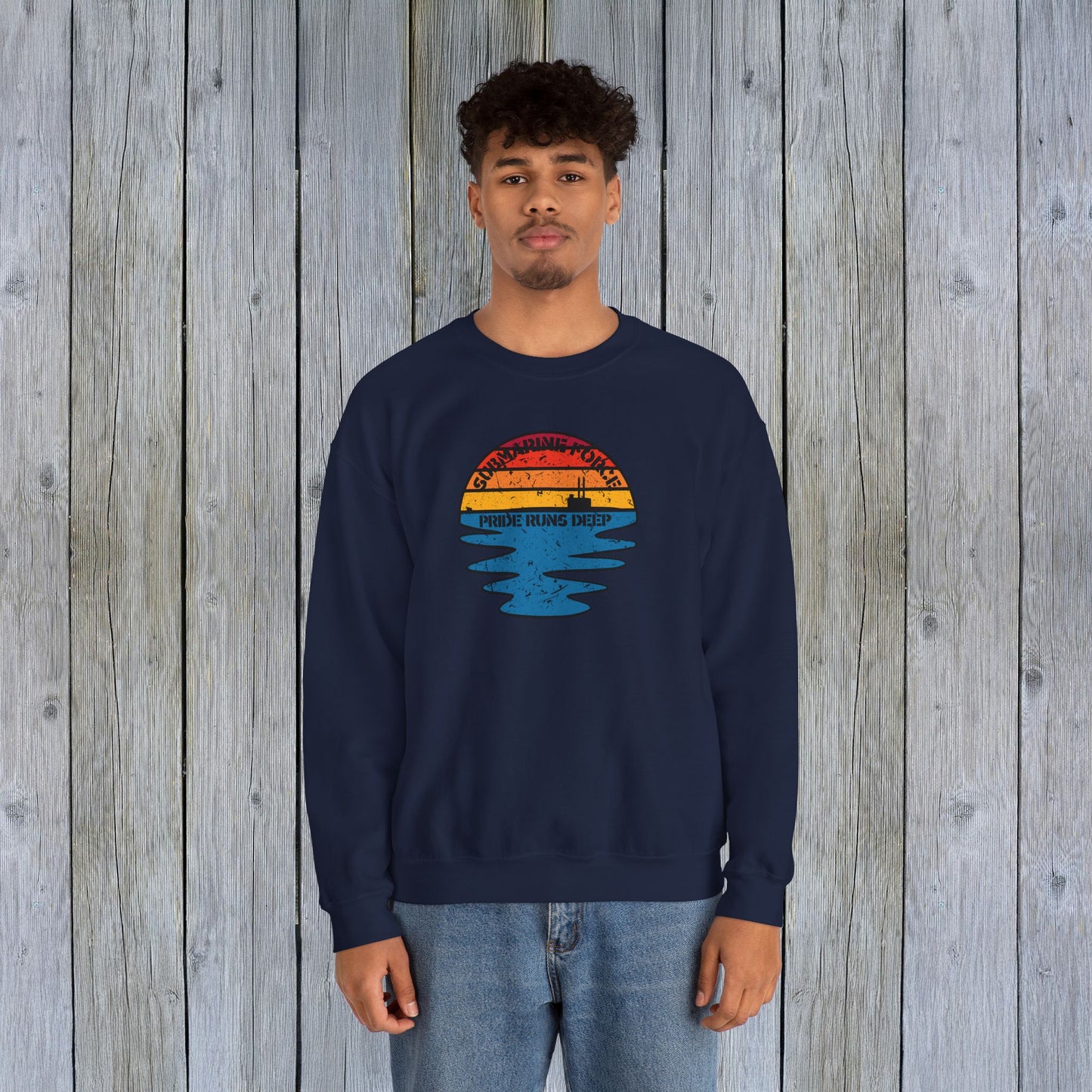 Sunset United States Navy Submarine Force Pride Runs Deep Distressed Mk2 Vintage Unisex Heavy Blend™ Crewneck Sweatshirt