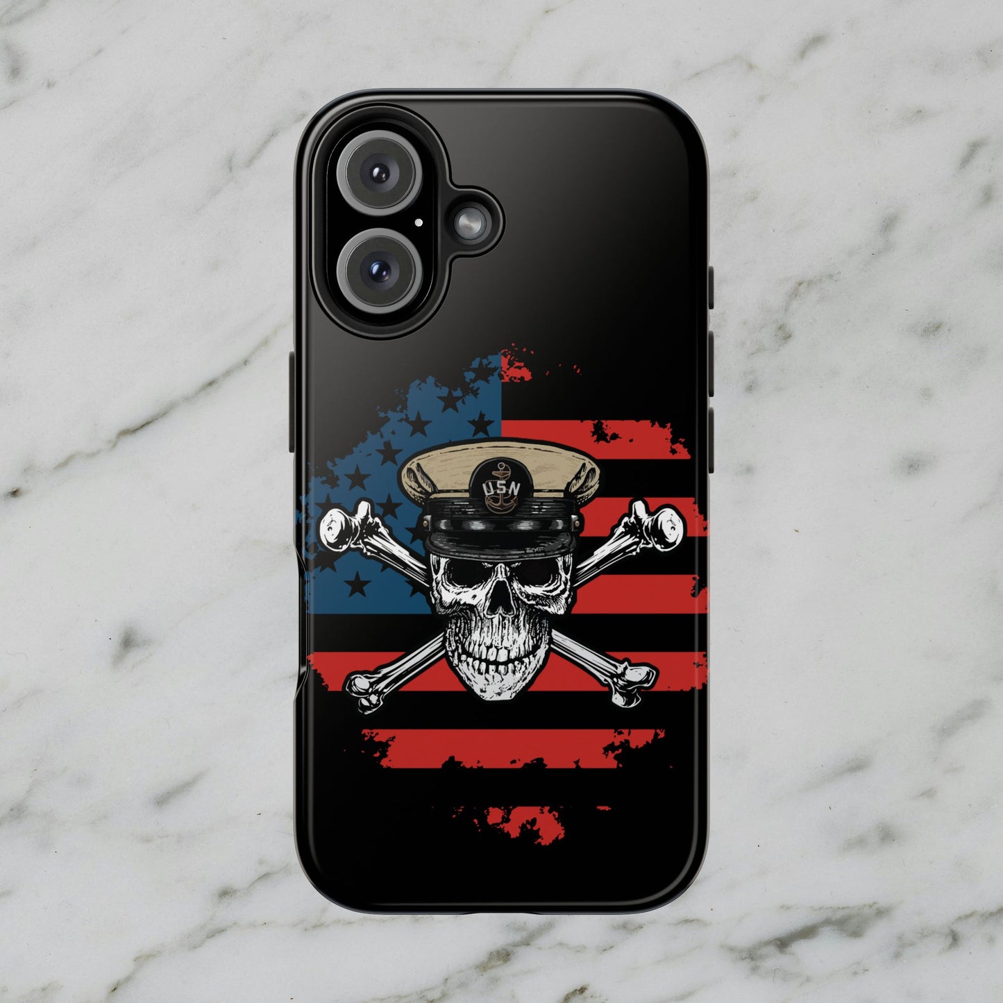Naval Chief Skull & Crossbones on American Flag Black Tough iPhone Case