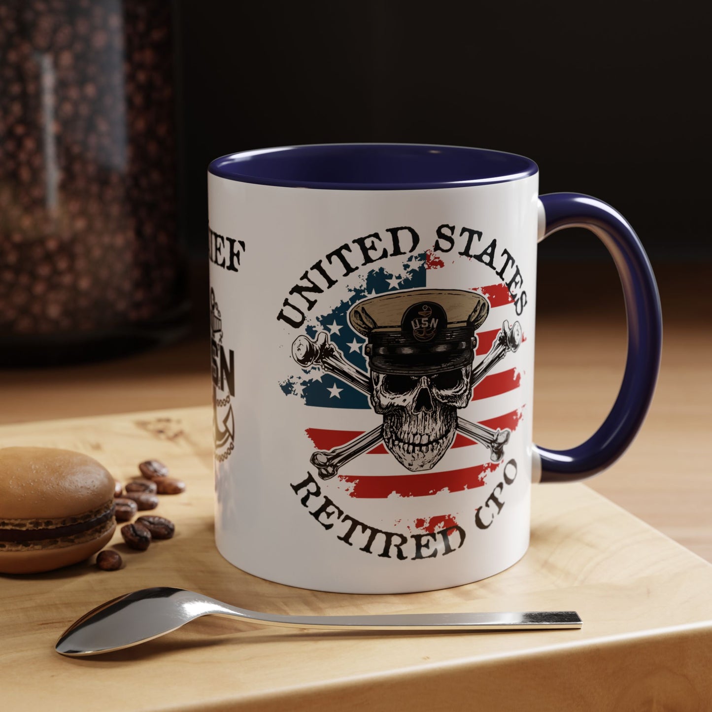 United States Navy Retired CPO Skull Crossbones Chief Petty Officer Anchor with Distressed USA Flag Accent Coffee Mugs