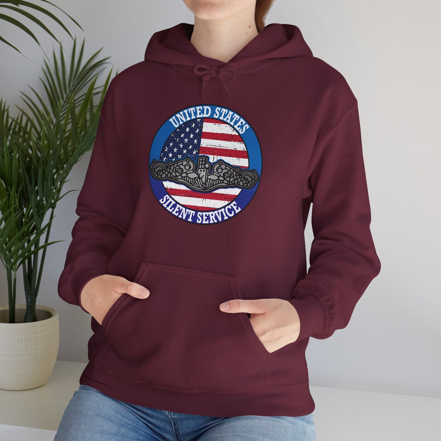 United States Silent Service Submarine Dolphins on Distressed American Flag Unisex Heavy Blend™ Hooded Sweatshirt