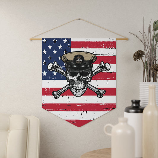 United States Navy Chief Petty Officer Skull & Crossbones on Distressed USA Flag Pennant
