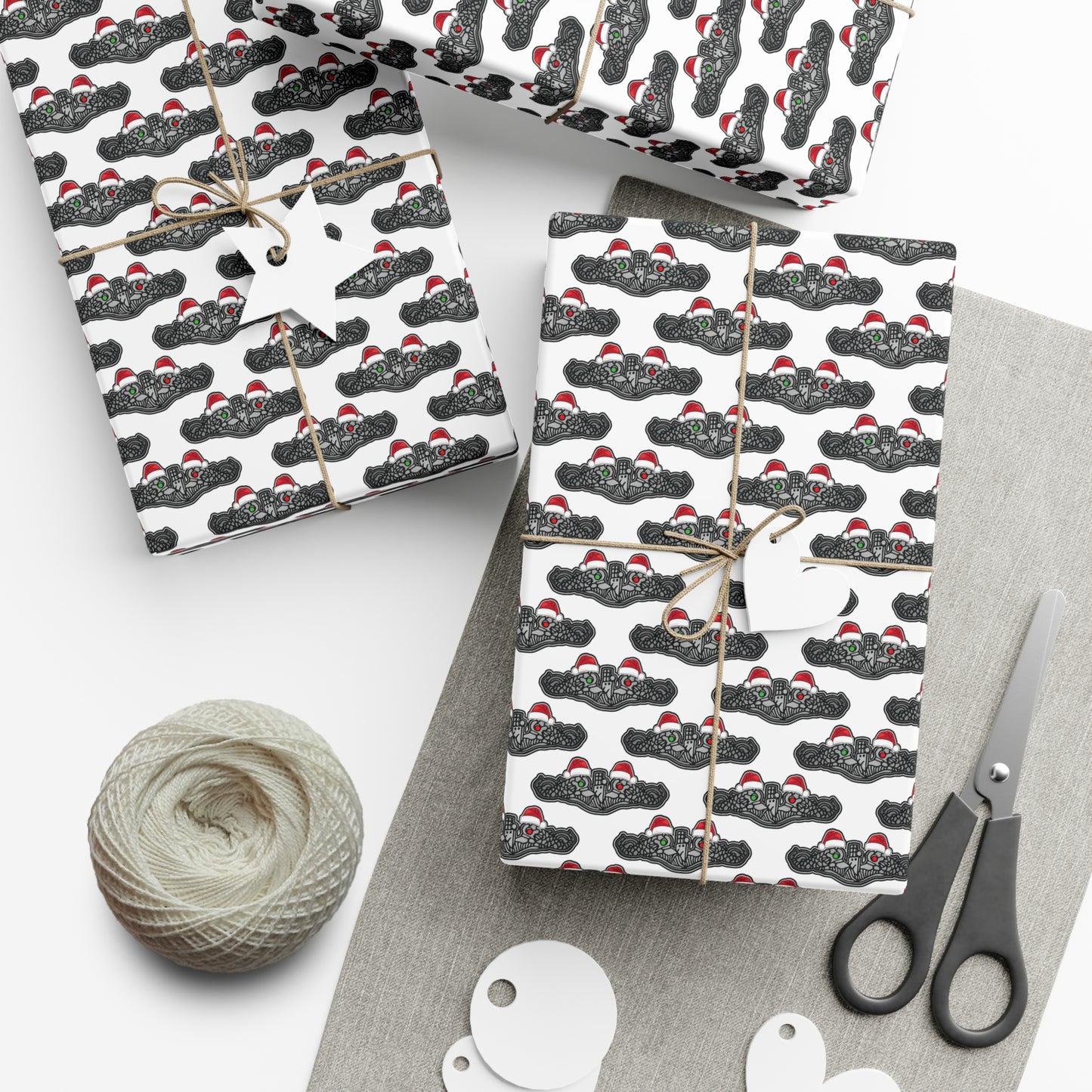 United States Navy Submarine Force Silver Enlisted Dolphins Christmas Hats with Red and Green Eyes White Gift Wrap Papers