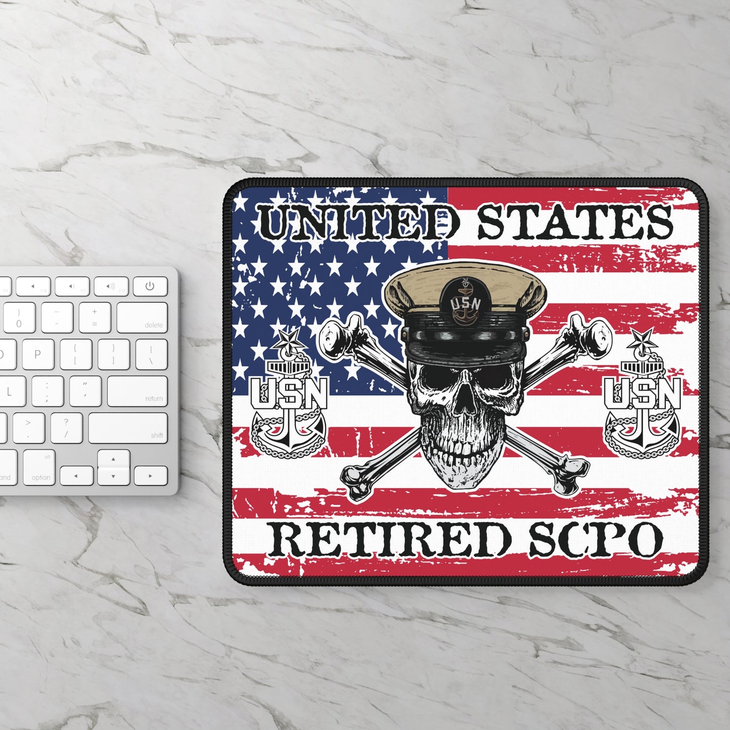 United States Retired CPO Skull Crossbones Chief with Distressed American Flag Gaming Mouse Pad