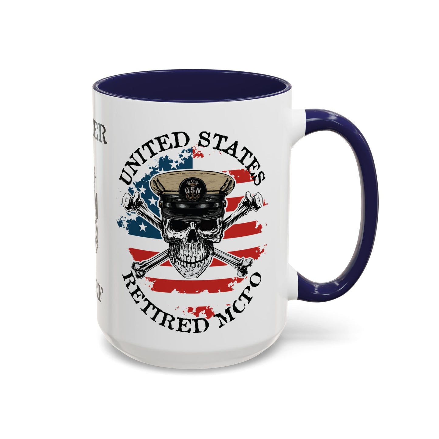 United States Navy Retired MCPO Skull Crossbones Master Chief Petty Officer Anchor with Distressed USA Flag Accent Coffee Mugs