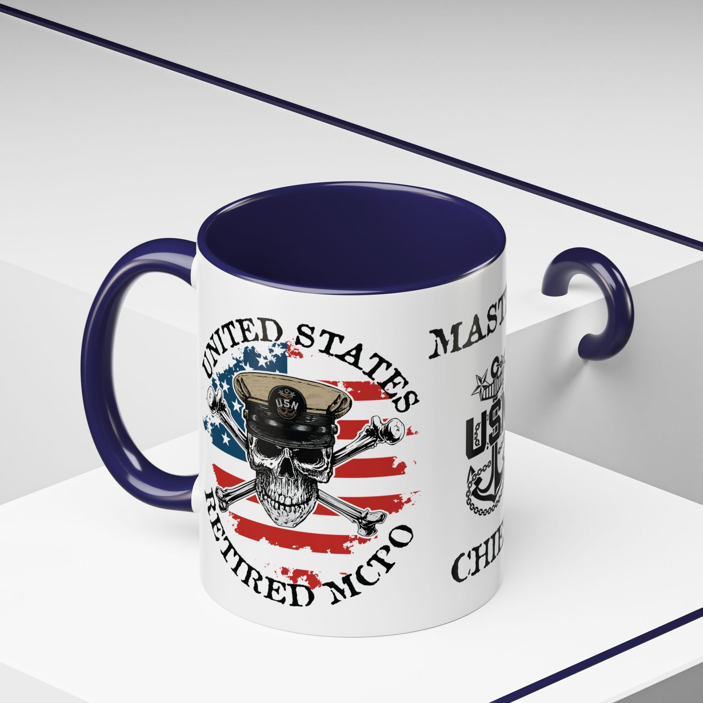 United States Navy Retired MCPO Skull Crossbones Master Chief Petty Officer Anchor with Distressed USA Flag Accent Coffee Mugs