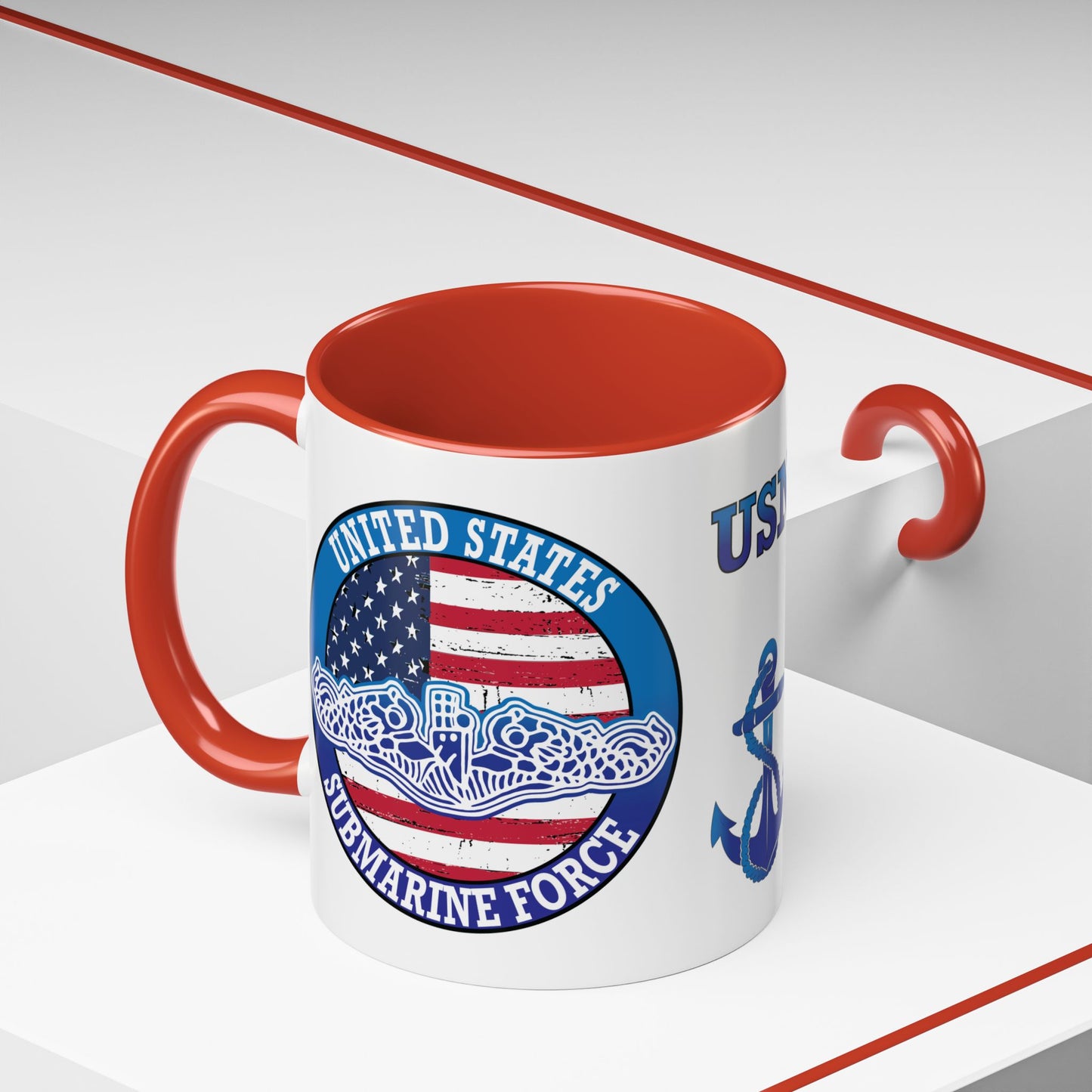United States Navy Submarine Force Silent Service White Dolphins on American Flag Accent Coffee Mugs