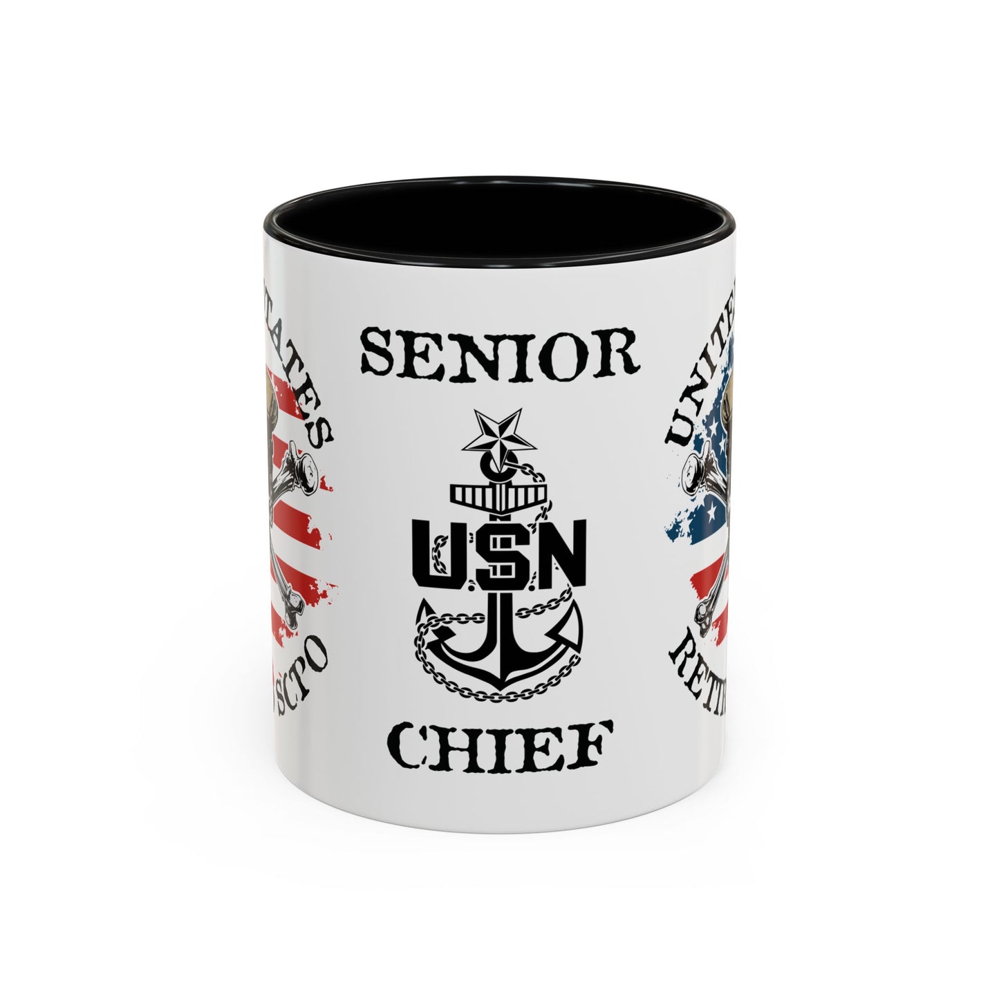 United States Navy Retired SCPO Skull Crossbones Senior Chief Petty Officer Anchor with Distressed USA Flag Accent Coffee Mugs