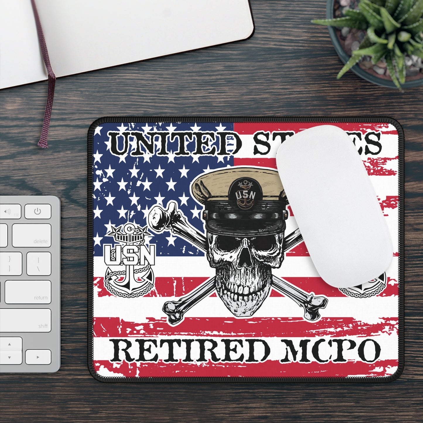 United States Retired MCPO Skull Crossbones Master Chief with Distressed American Flag Gaming Mouse Pad