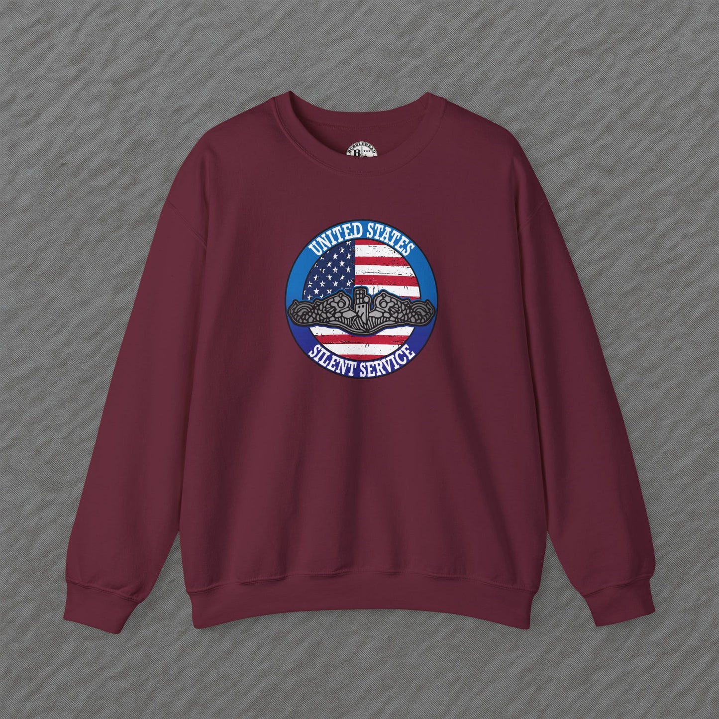 United States Silent Service Submarine Force Silver Dolphins on Distressed American Flag Unisex Heavy Blend™ Crewneck Sweatshirt