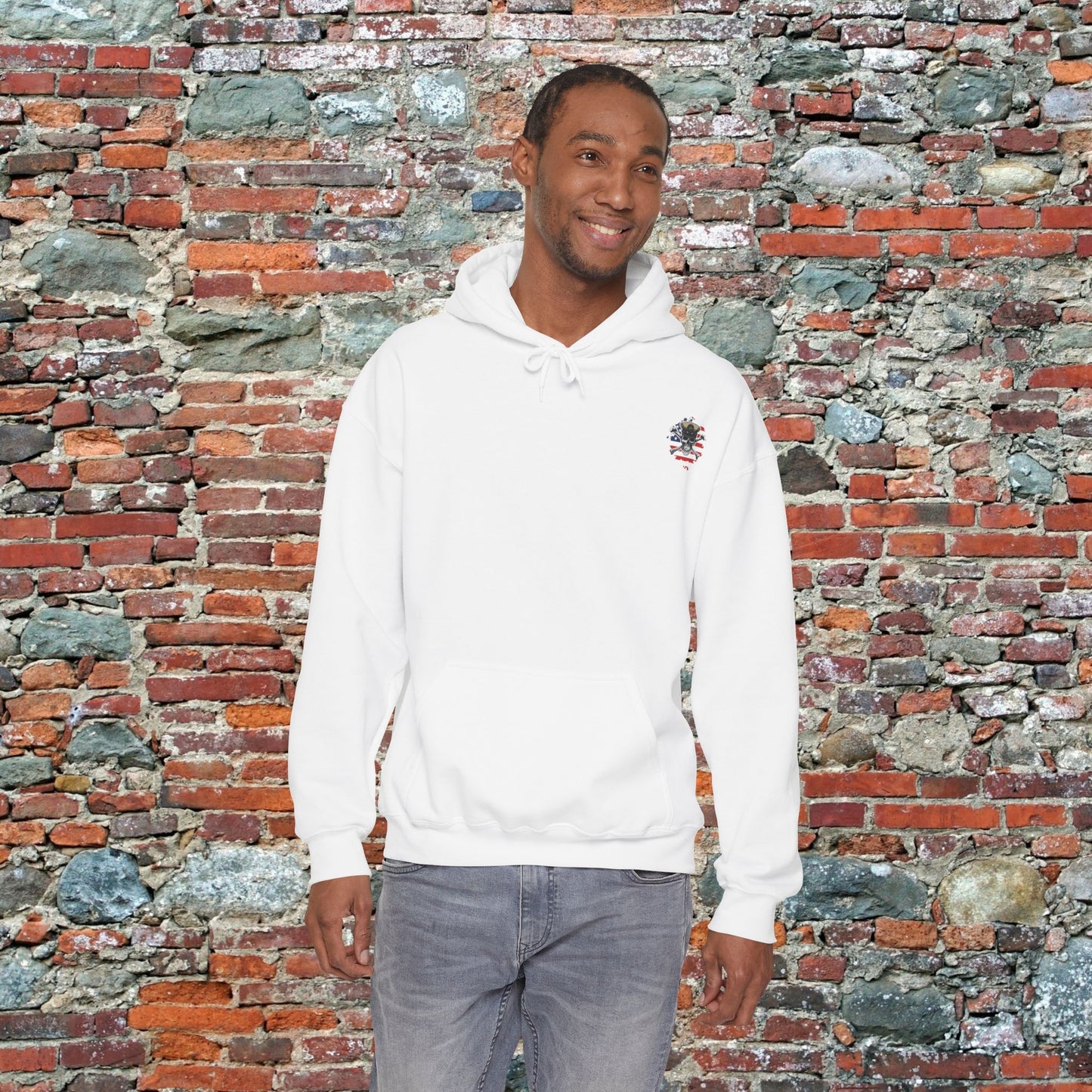 United States Retired CPO Skull Crossbones Chief Petty Officer on Distressed American Flag Mini Front Unisex Heavy Blend™ Hooded Sweatshirt