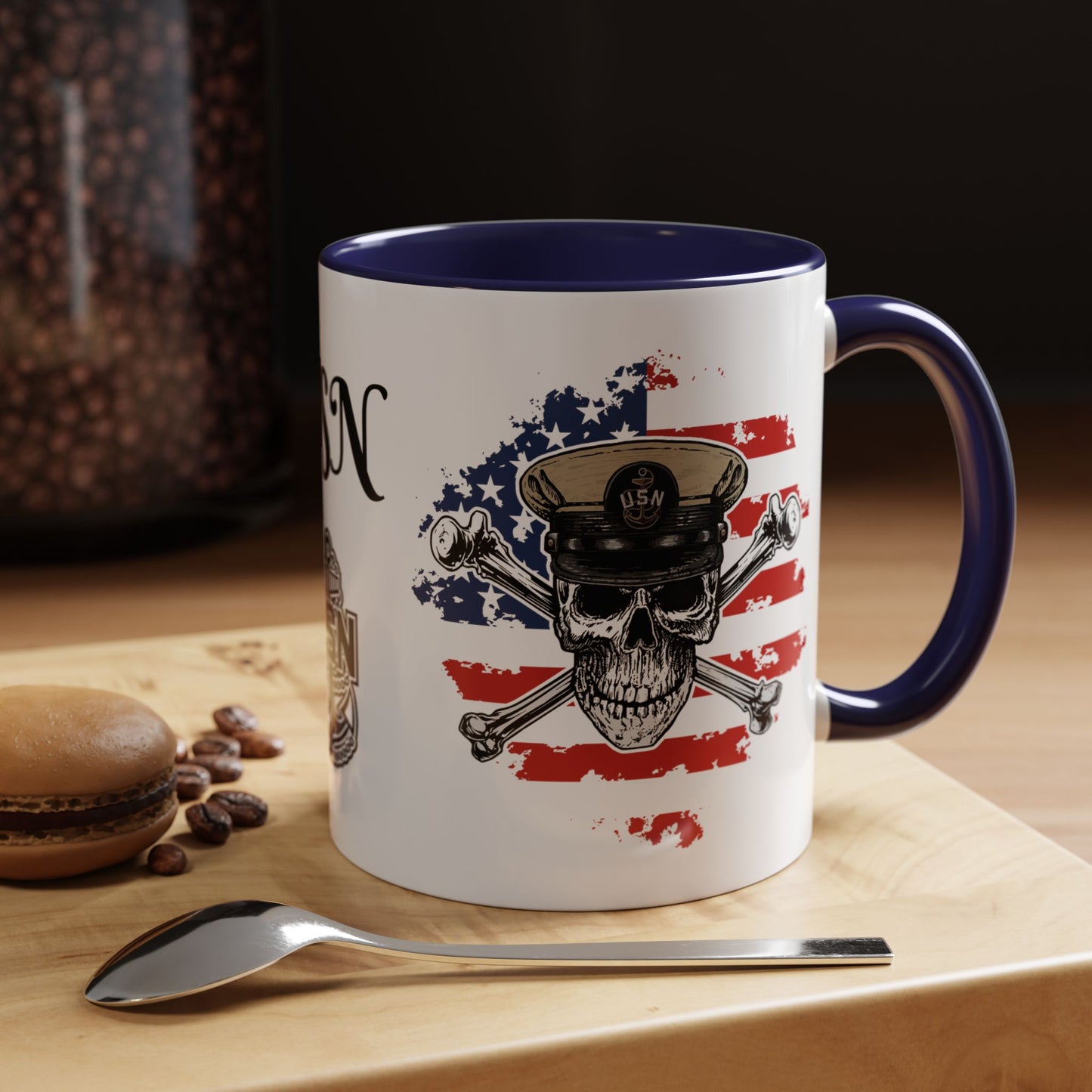 US Navy Chief Skull & Crossbones on American Flag CPO Anchor Accent Coffee Mugs