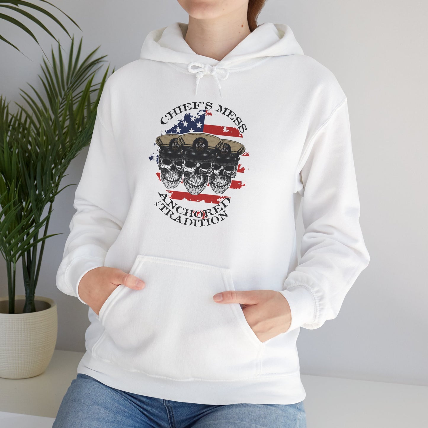 Chief's Mess Anchored Tradition CPO Sailor Skulls on Distressed USA Flag Unisex Heavy Blend™ Hooded Sweatshirt