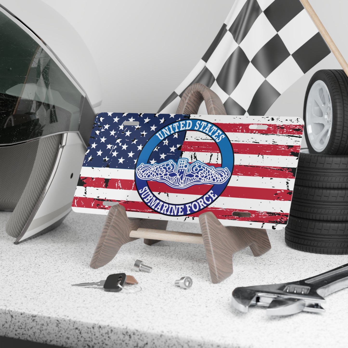 United States Navy Submarine Force Silent Service with White Dolphins Distressed American Flag Vanity License Plate