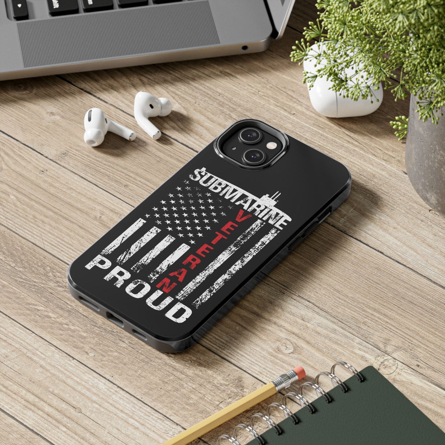 U.S. Submarine Veteran Proud Distressed White USA Flag Black Tough iPhone Case