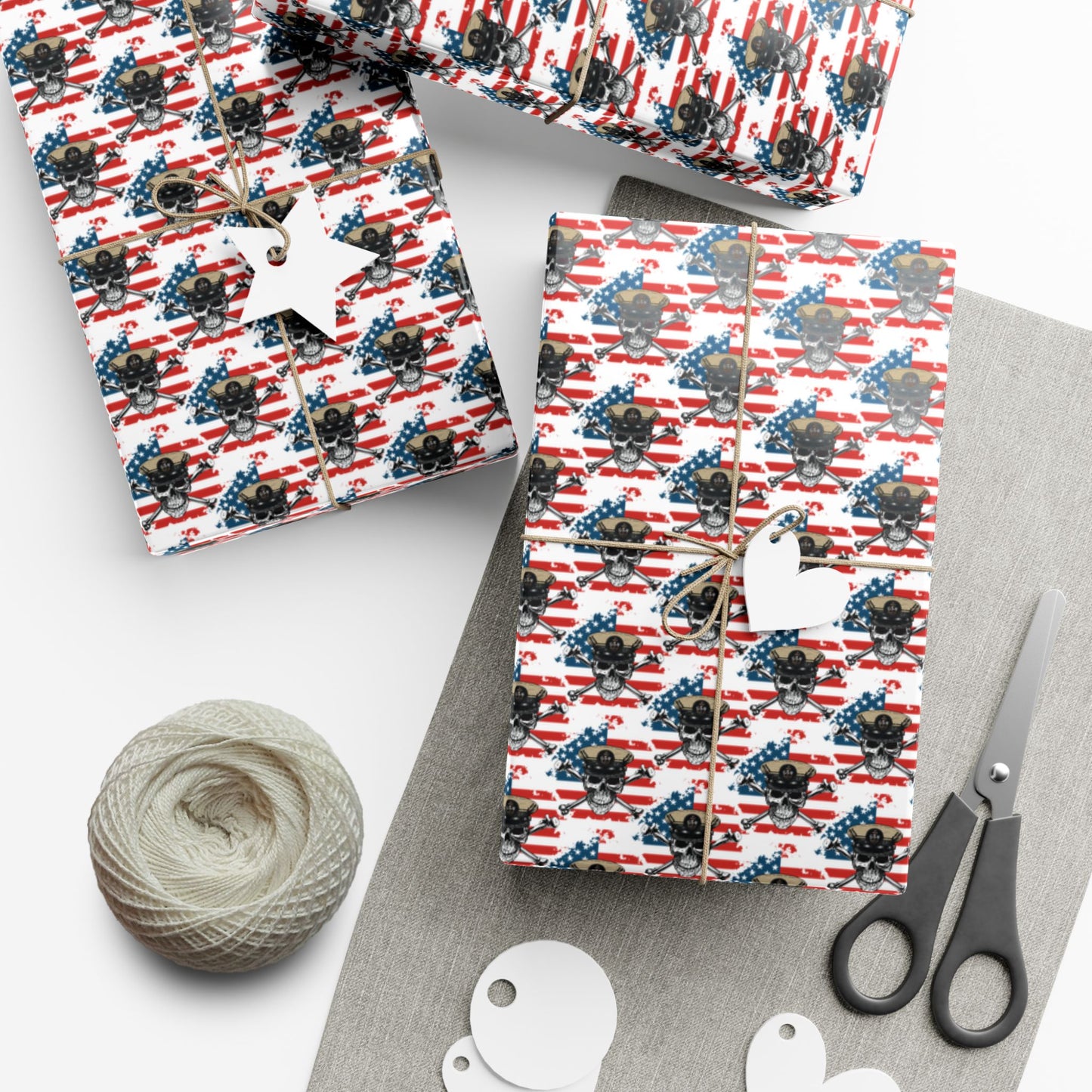 US Navy Chief Petty Officer CPO Skull & Crossbones with Distressed American Flag White Gift Wrap Papers
