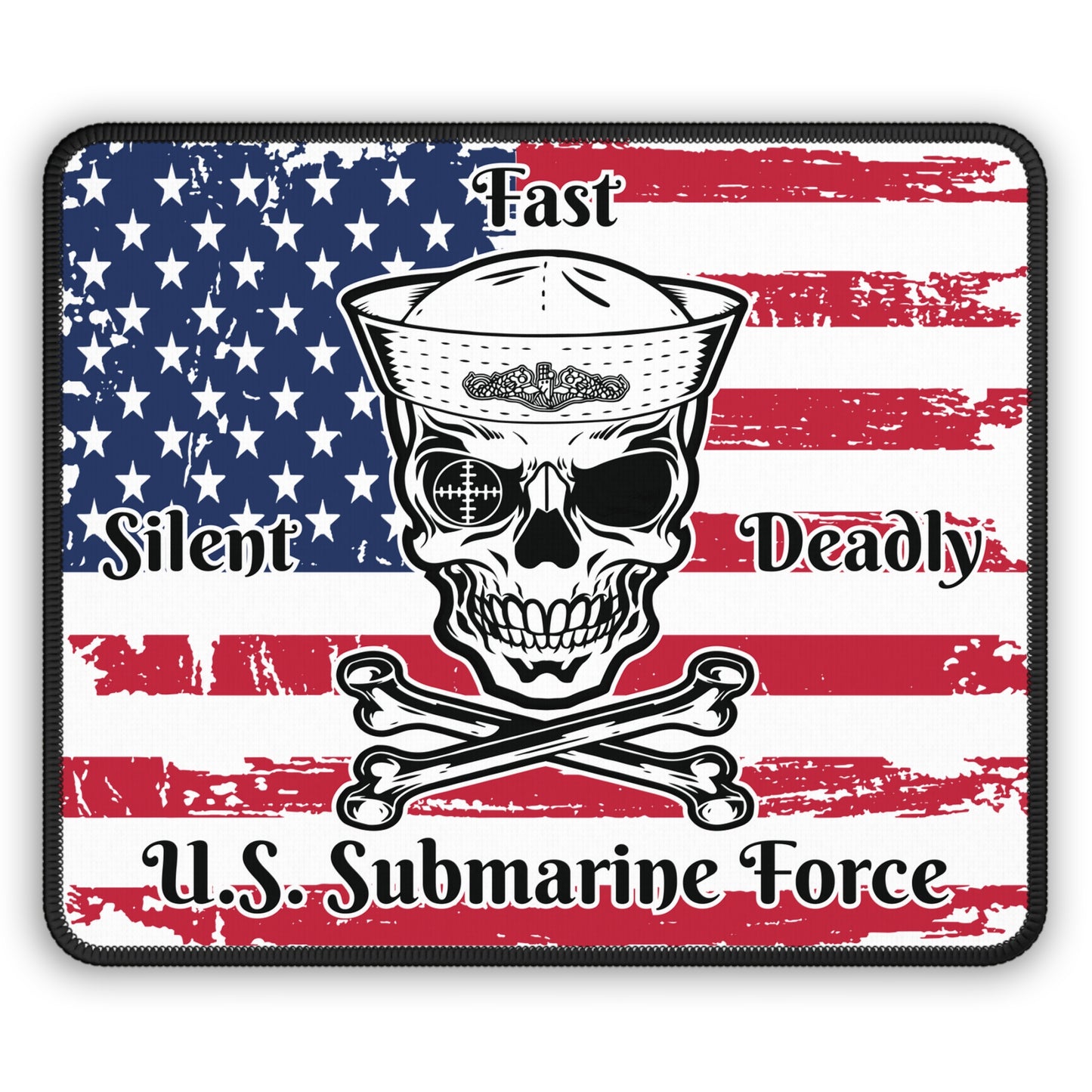 U.S. Submarine Force Silent Fast Deadly Skull and Crossbones Sailor with Distressed American Flag Gaming Mouse Pad