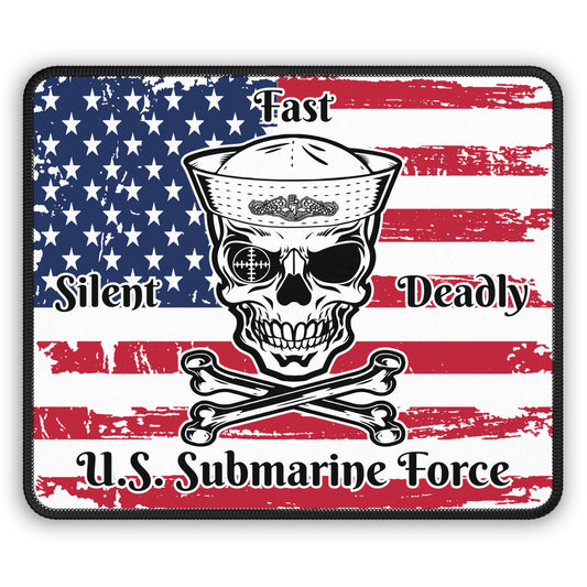 U.S. Submarine Force Silent Fast Deadly Skull and Crossbones Sailor with Distressed American Flag Gaming Mouse Pad