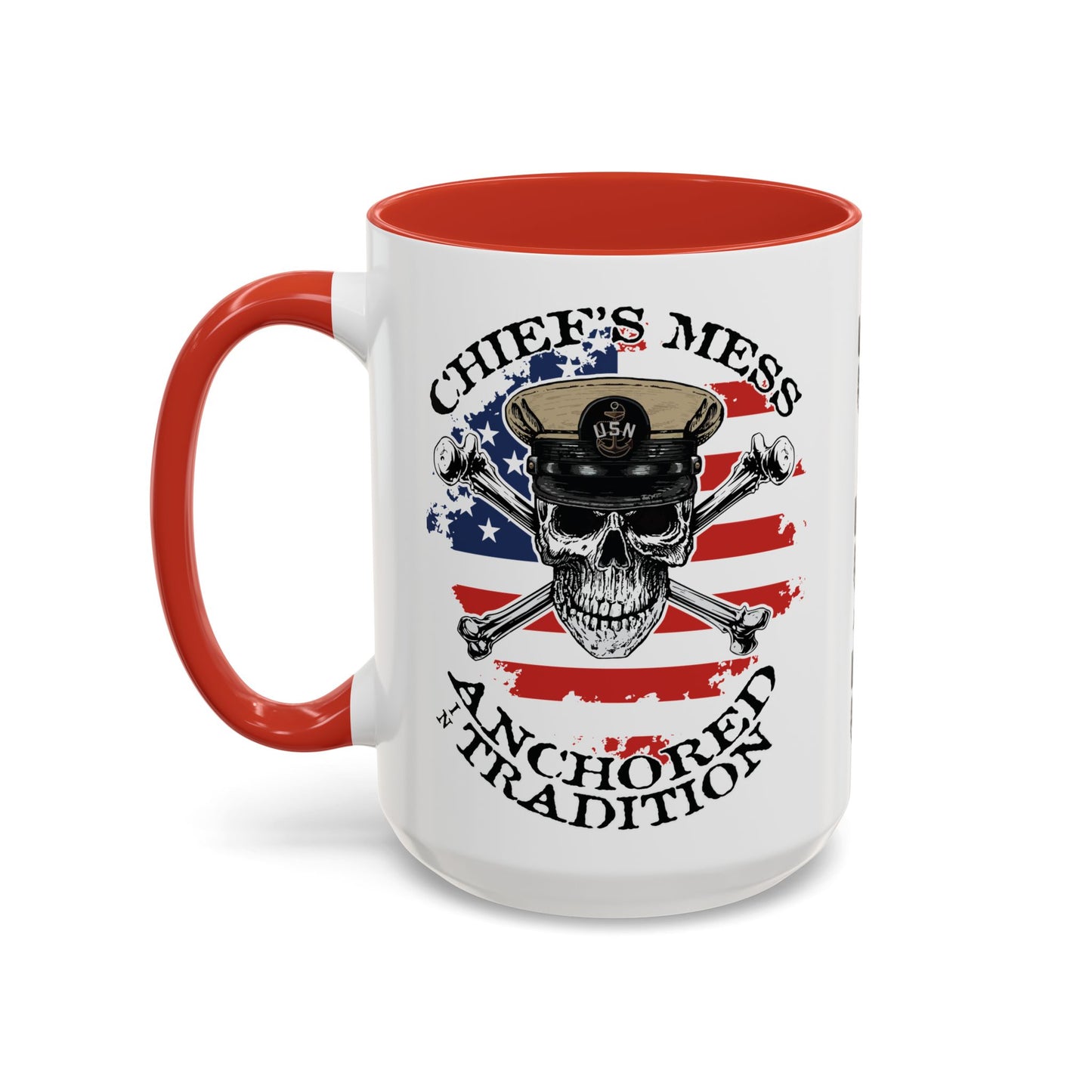 US Navy Chief's Mess Anchored Tradition CPO Sailor Skull with Distressed USA Flag Accent Coffee Mugs
