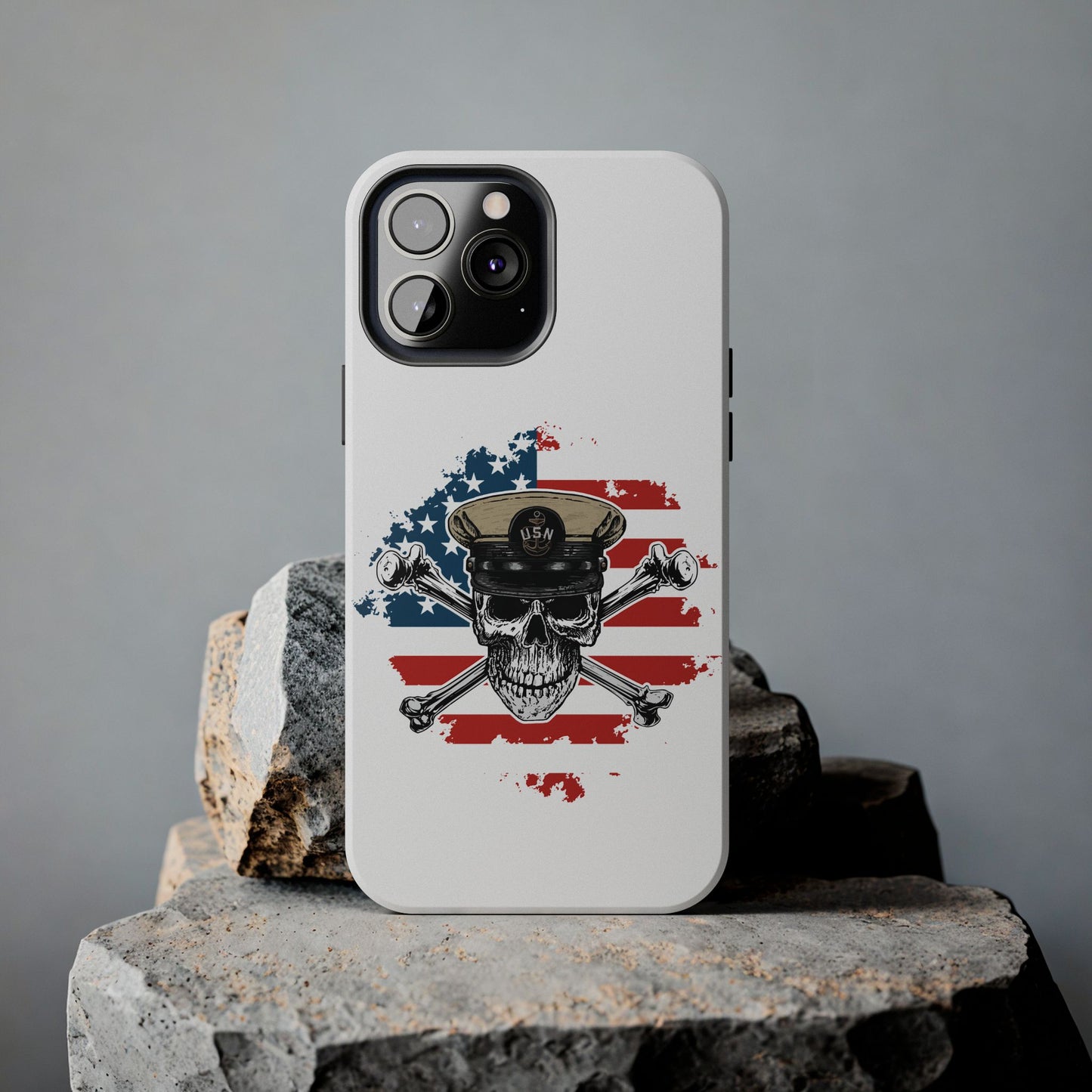 Naval Chief Skull & Crossbones on American Flag White Tough iPhone Case
