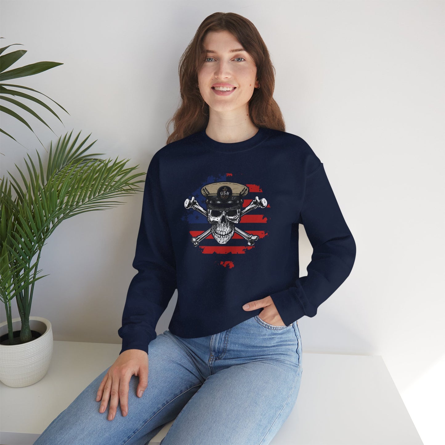 Naval Chief Skull & Crossbones CPO on Distressed American Flag Unisex Heavy Blend™ Crewneck Sweatshirt