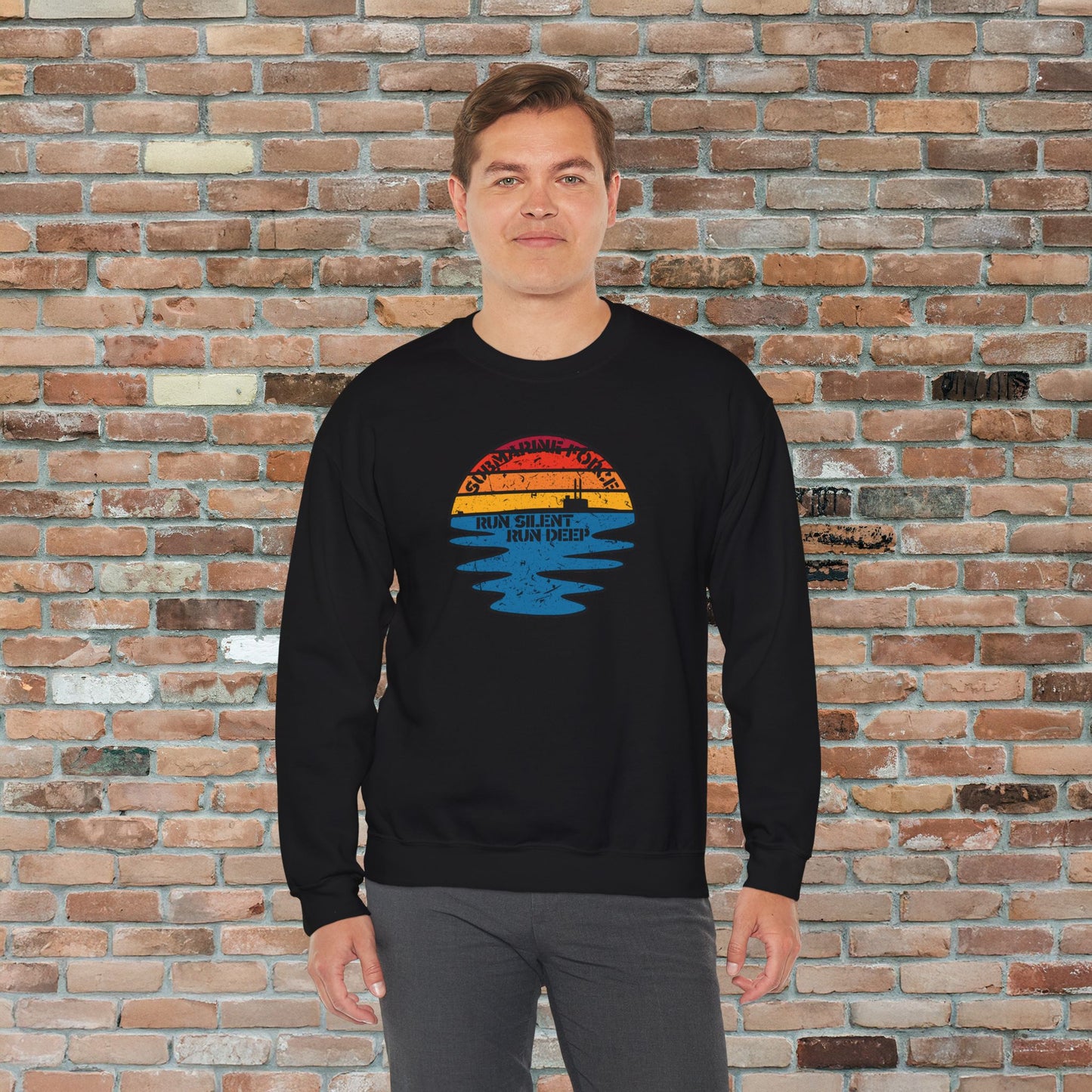 Sunset United States Navy Submarine Force Run Silent Deep Distressed Vintage Mk2 Unisex Heavy Blend™ Crewneck Sweatshirt