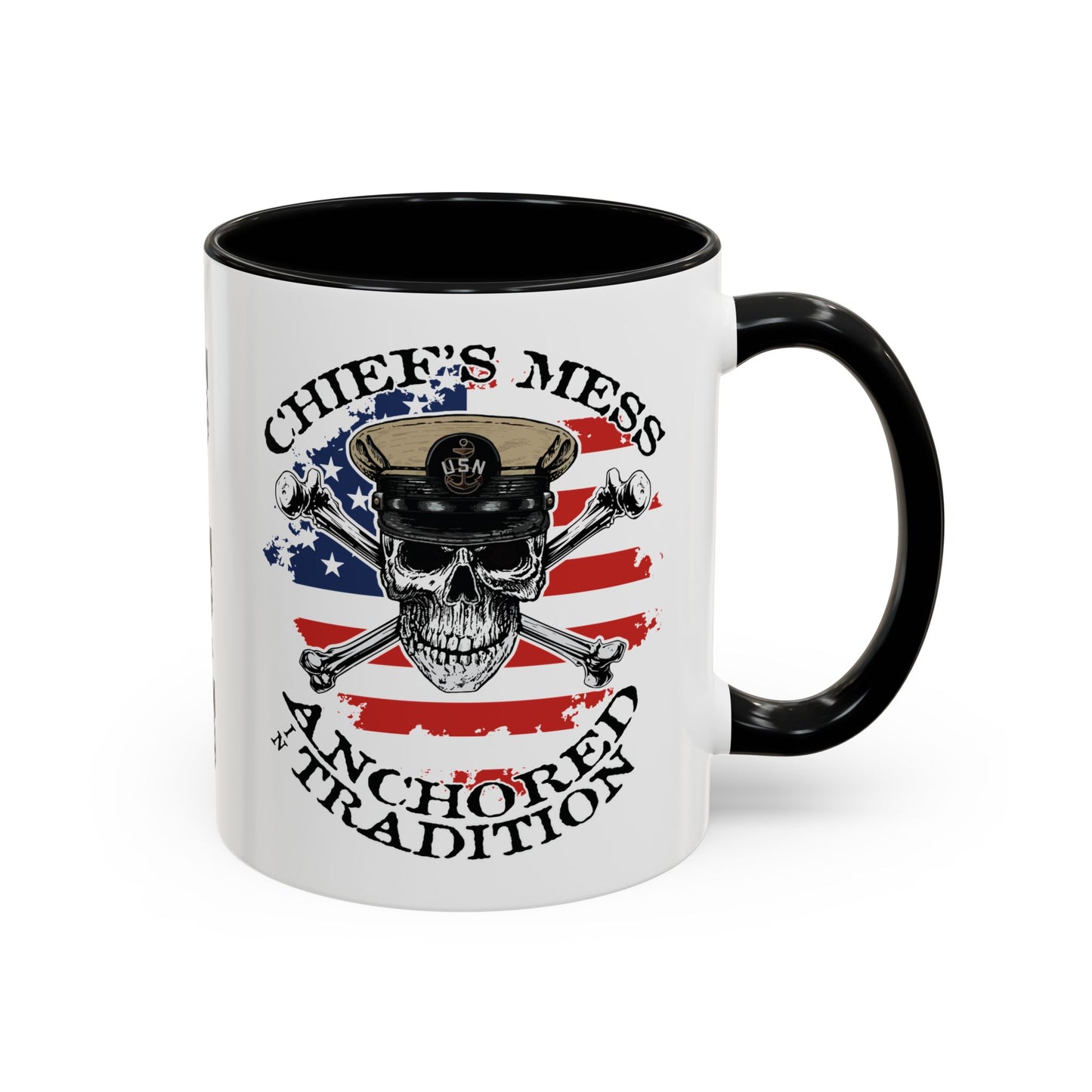 US Navy Chief's Mess Anchored Tradition CPO Sailor Skull with Distressed USA Flag Accent Coffee Mugs
