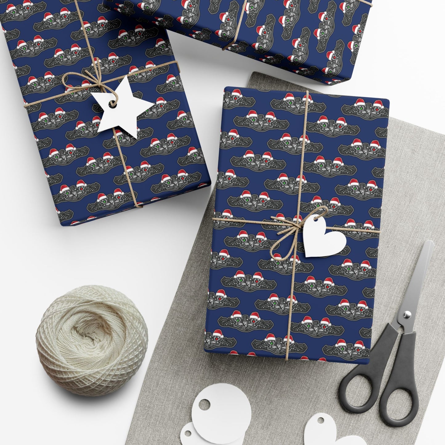 United States Navy Submarine Force Silver Enlisted Dolphins Christmas Hats with Red and Green Eyes Blue Gift Wrap Papers