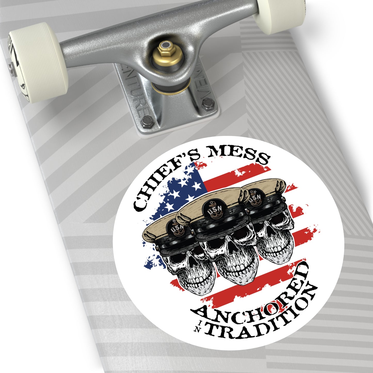 Chief's Mess Anchored Tradition CPO Sailor Skulls on Distressed USA Flag Round Stickers