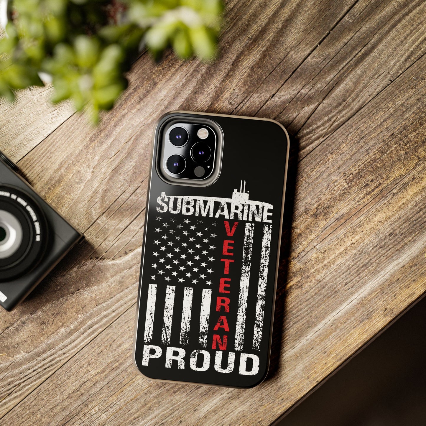 U.S. Submarine Veteran Proud Distressed White USA Flag Black Tough iPhone Case