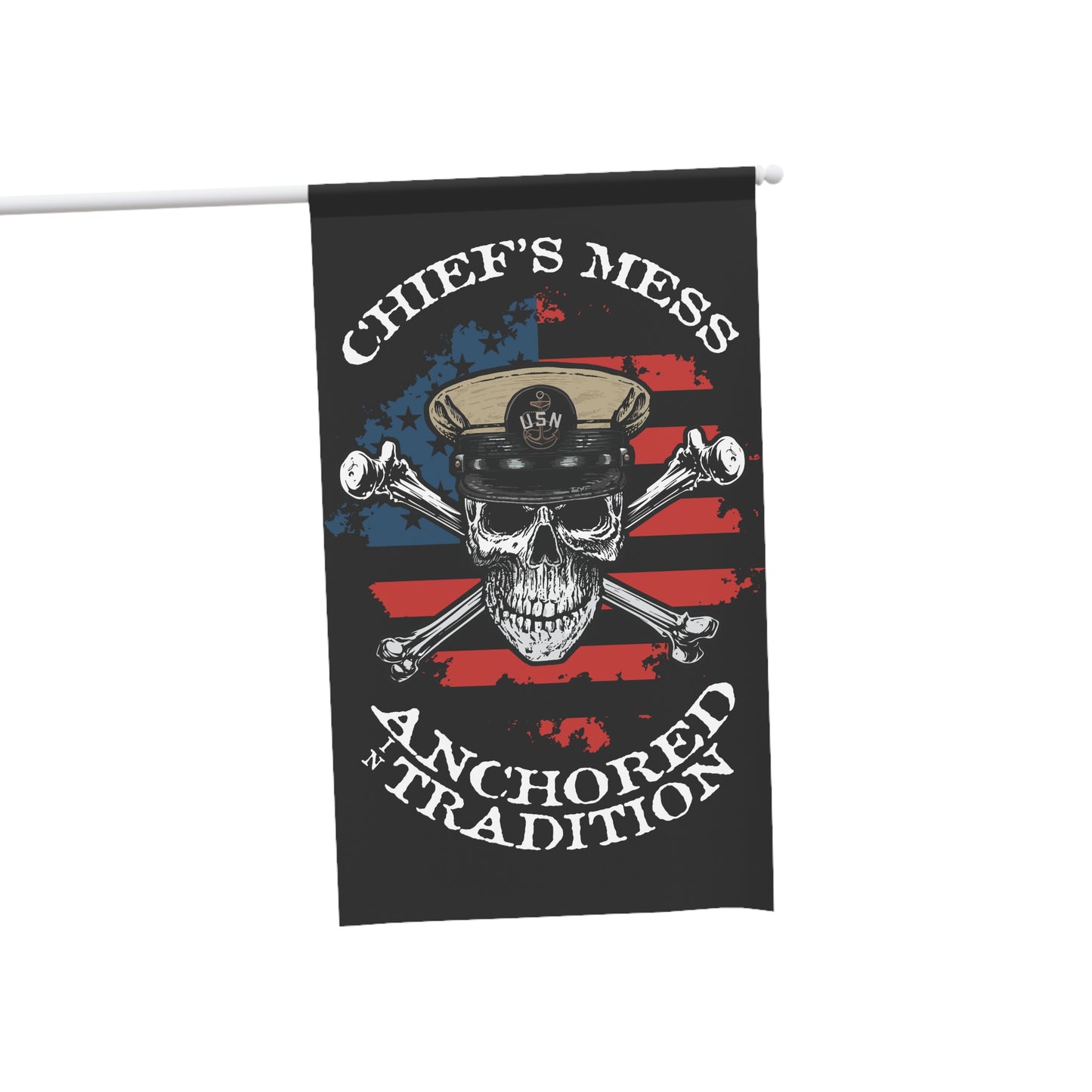 Navy Chief's Mess Anchored Tradition CPO Skull Crossbones Sailor with Distressed USA Flag on Black House Banner