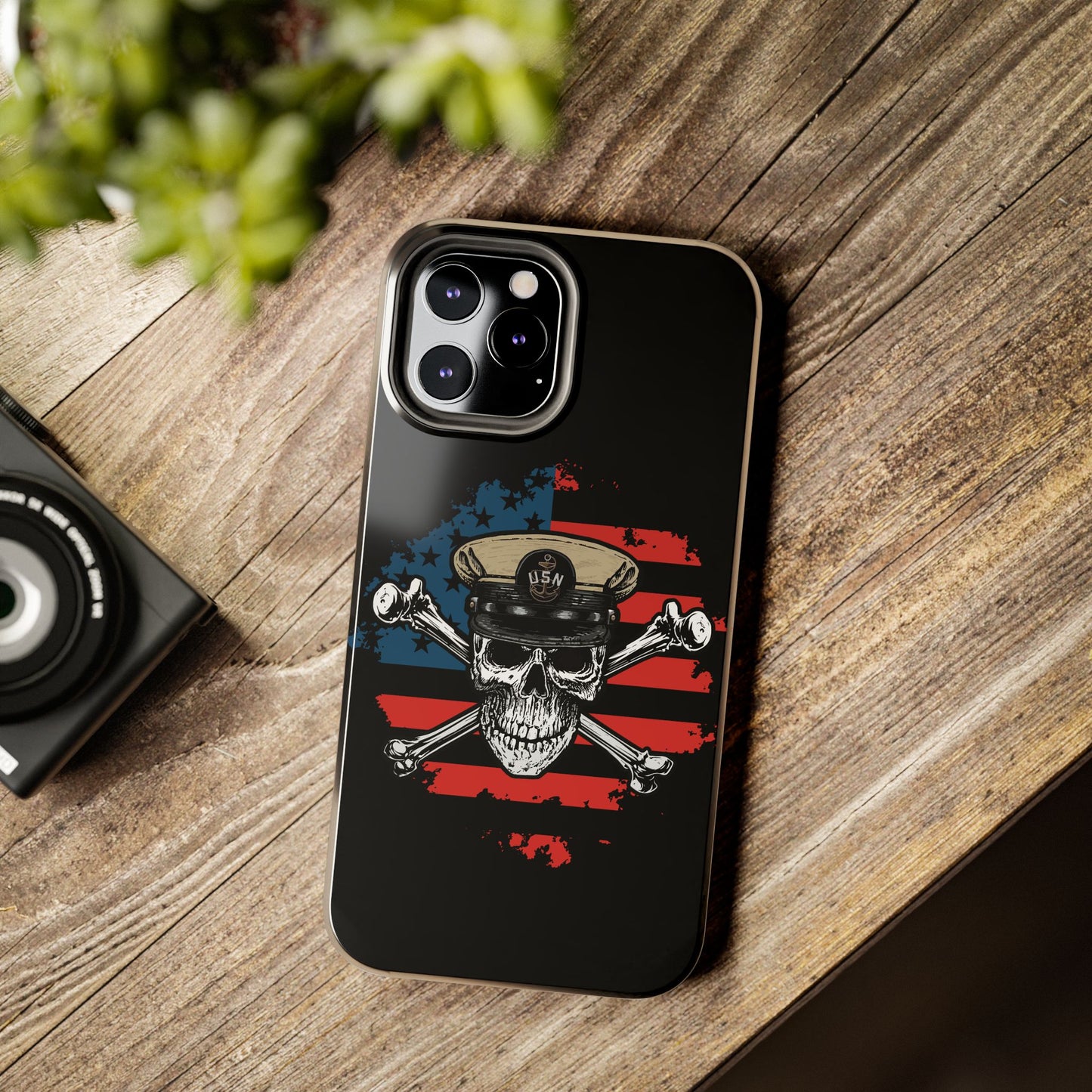 Naval Chief Skull & Crossbones on American Flag Black Tough iPhone Case