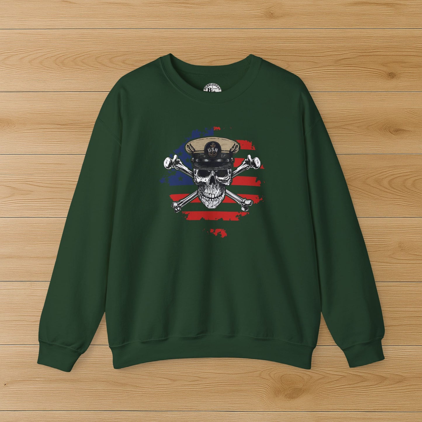 Naval Chief Skull & Crossbones CPO on Distressed American Flag Unisex Heavy Blend™ Crewneck Sweatshirt