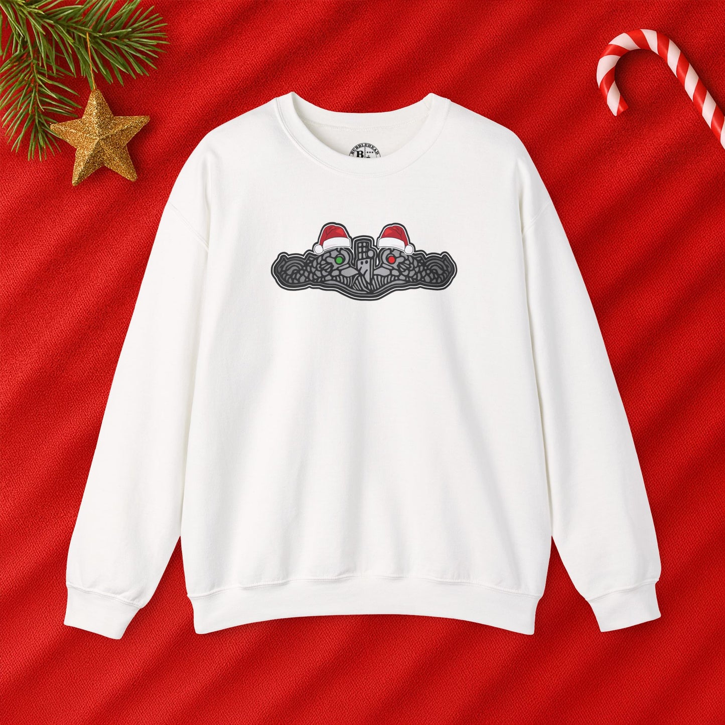 United States Submarine Force Silver Dolphins Christmas Santa Hats with Red and Green Eyes Unisex Heavy Blend™ Crewneck Sweatshirt