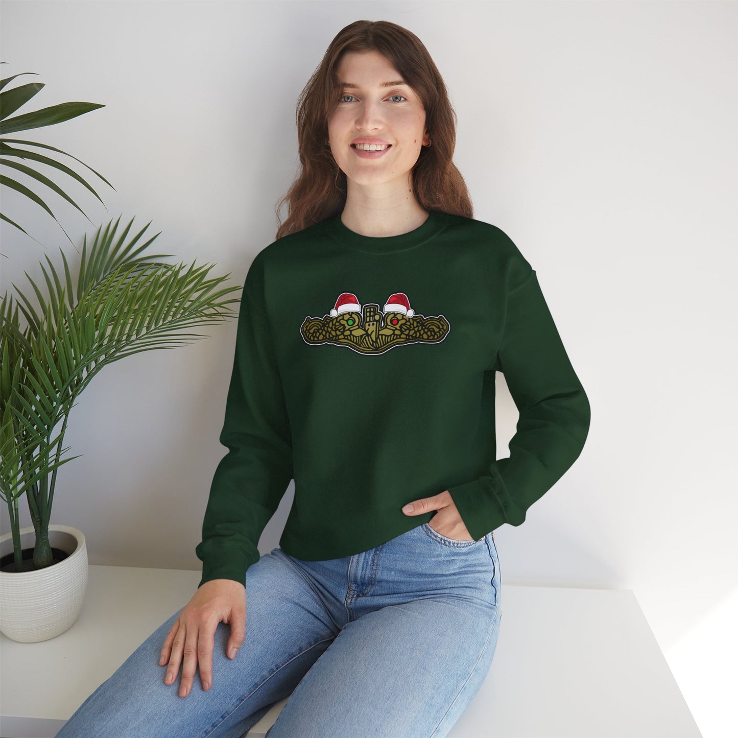 United States Submarine Force Gold Dolphins Christmas Santa Hats with Red and Green Eyes Unisex Heavy Blend™ Crewneck Sweatshirt
