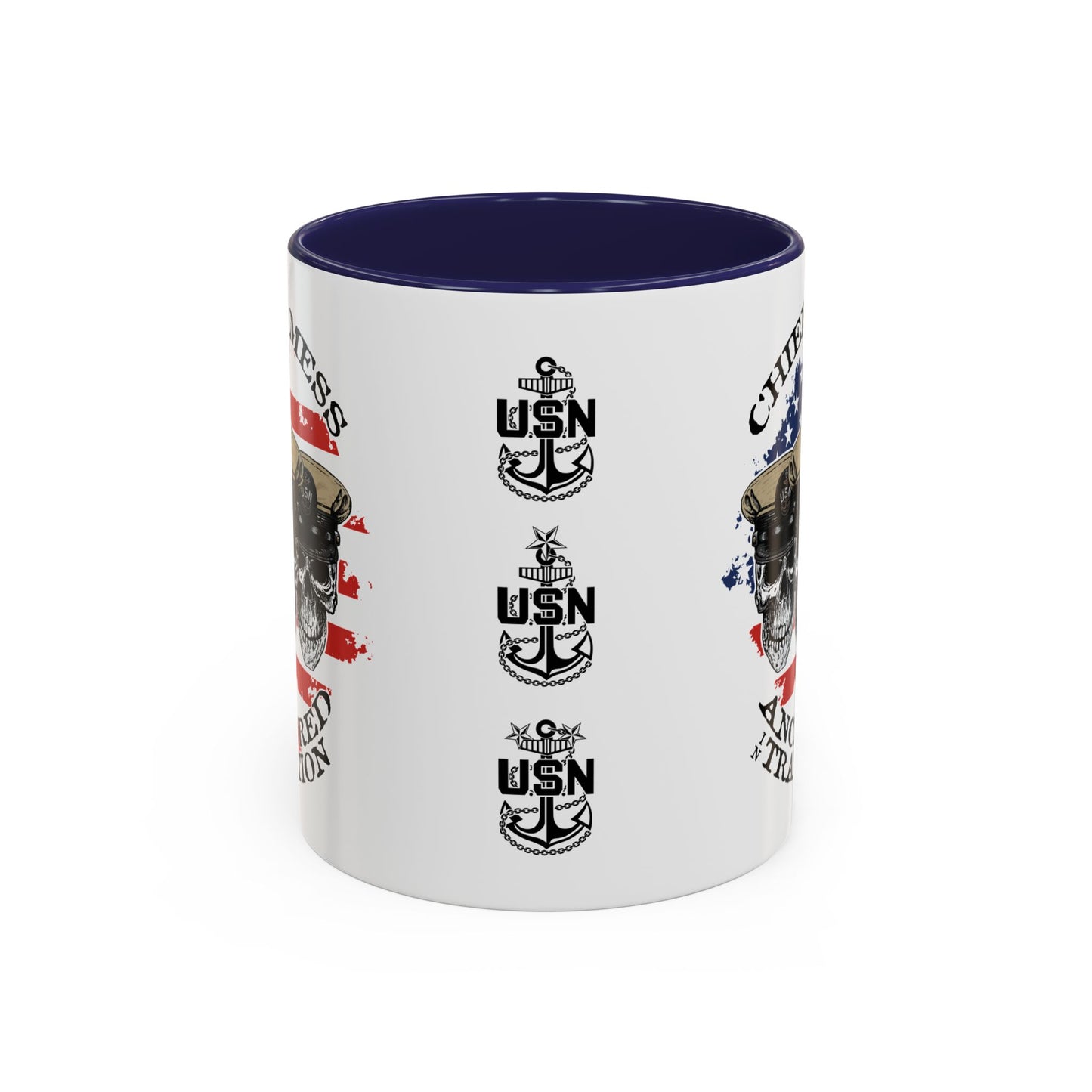 US Navy Chief's Mess Anchored Tradition CPO Sailor Skulls with Distressed USA Flag Accent Coffee Mugs