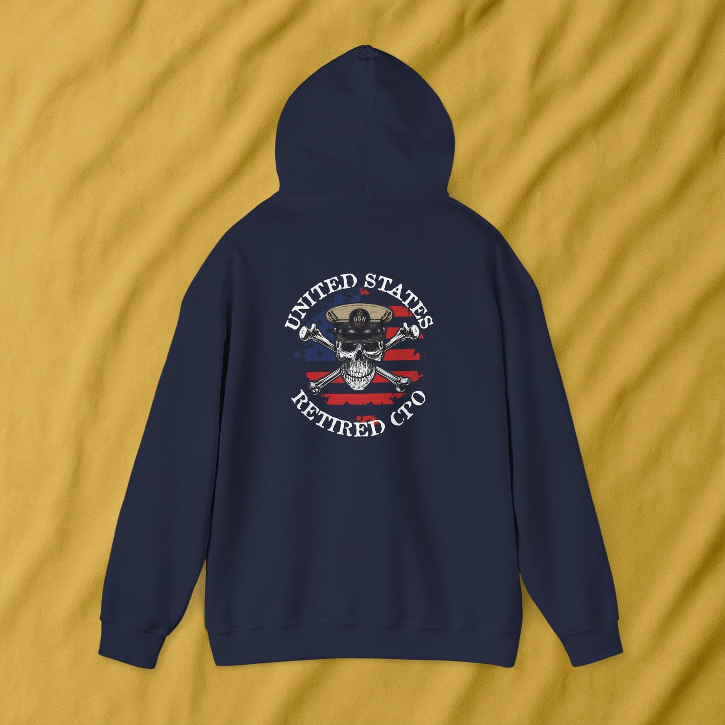 United States Retired CPO Skull Crossbones Chief Petty Officer on Distressed American Flag Mini Front Unisex Heavy Blend™ Hooded Sweatshirt