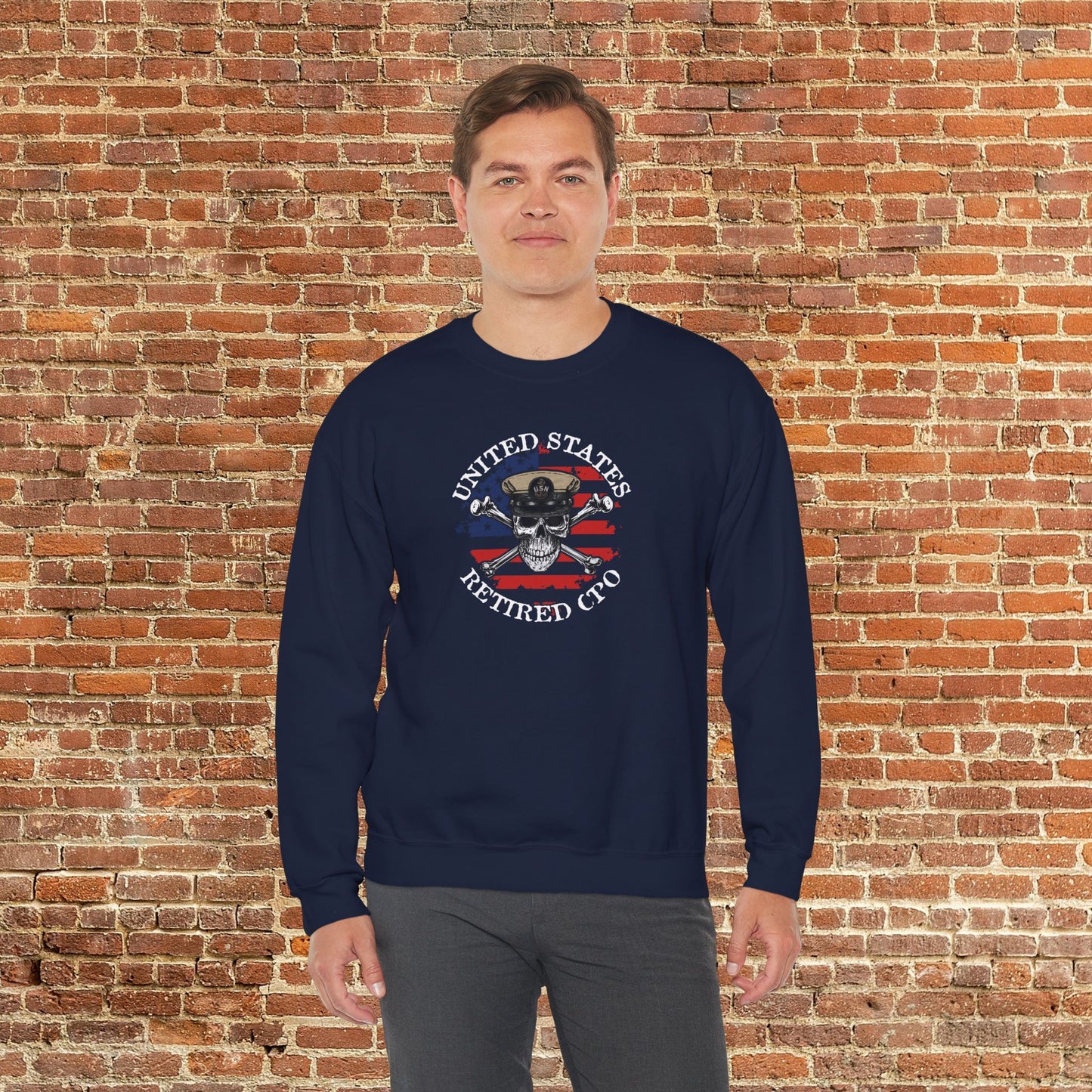 United States Retired CPO Skull Crossbones Chief Sailor on Distressed American Unisex Heavy Blend™ Crewneck Sweatshirt