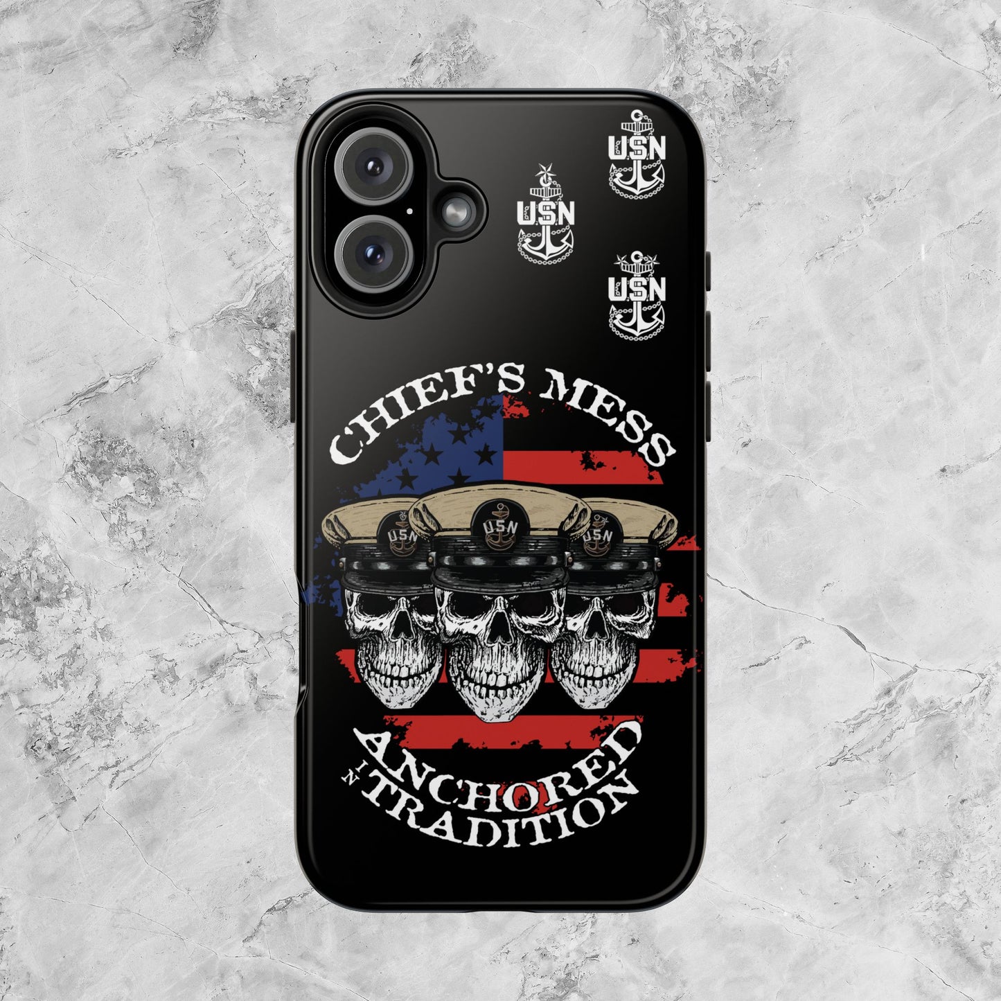 Chief's Mess Anchored Tradition CPO Sailor Skulls on Distressed USA Flag Black Tough iPhone Case