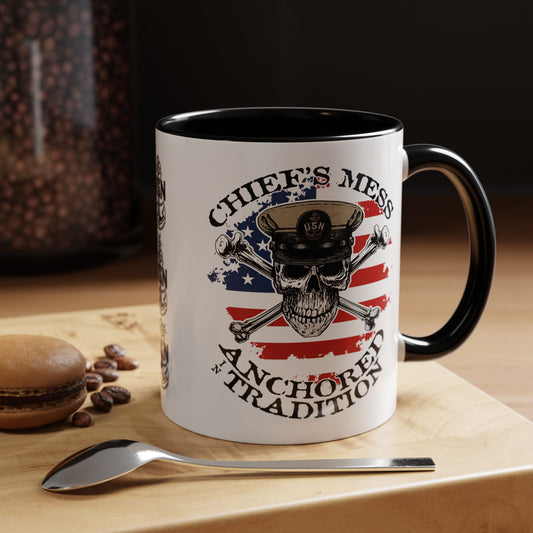 US Navy Chief's Mess Anchored Tradition CPO Sailor Skull with Distressed USA Flag Accent Coffee Mugs