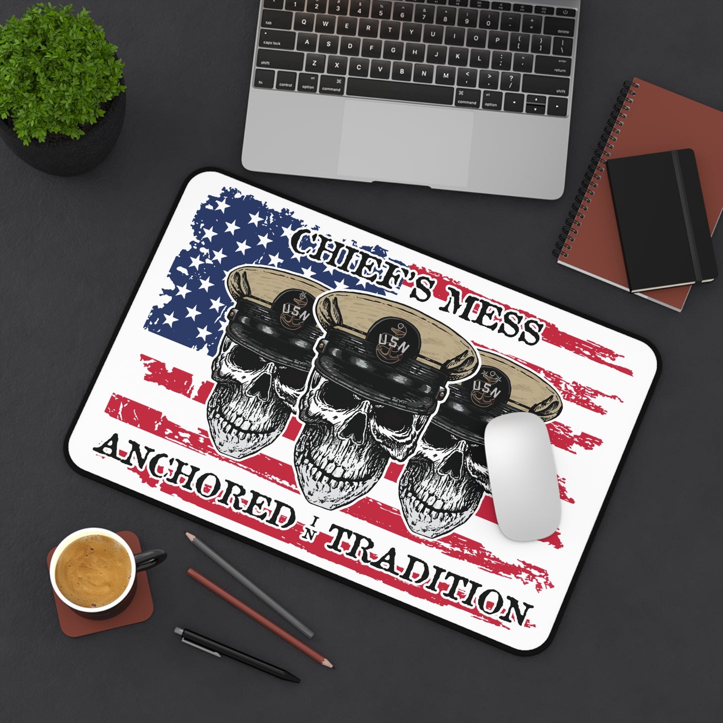 Chief's Mess Anchored Tradition CPO Sailor Skull's with Distressed USA Flag Desk Mat