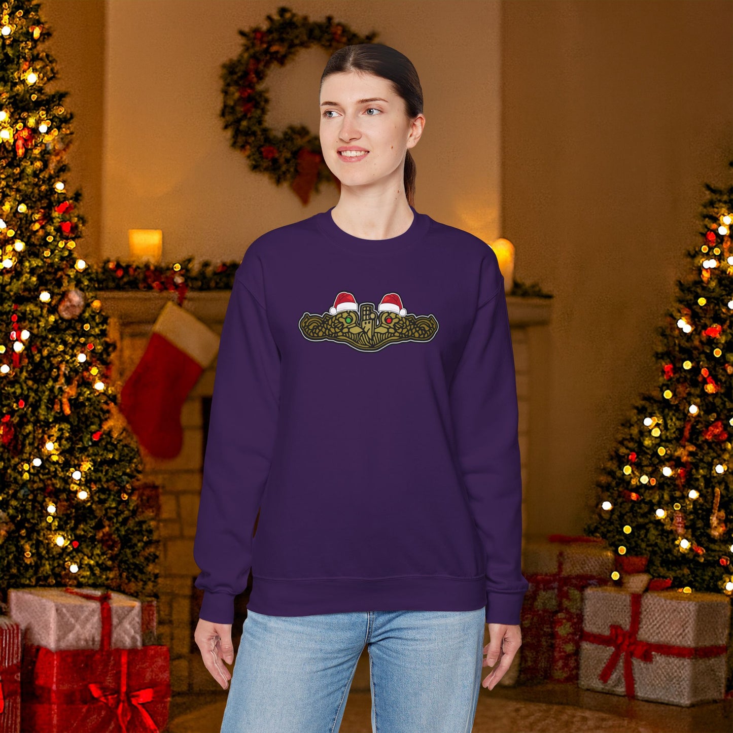United States Submarine Force Gold Dolphins Christmas Santa Hats with Red and Green Eyes Unisex Heavy Blend™ Crewneck Sweatshirt