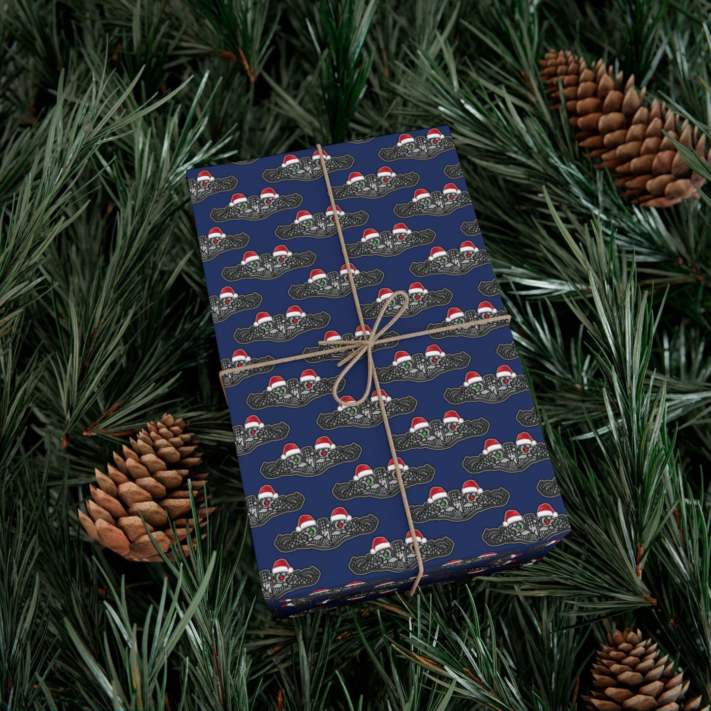 United States Navy Submarine Force Silver Enlisted Dolphins Christmas Hats with Red and Green Eyes Blue Gift Wrap Papers